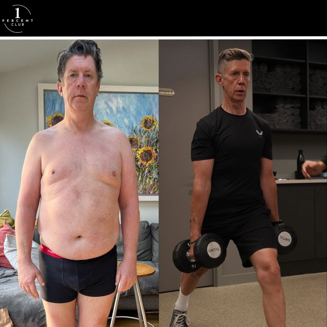 A client photographed before and after training, standing and then holding dumbbells