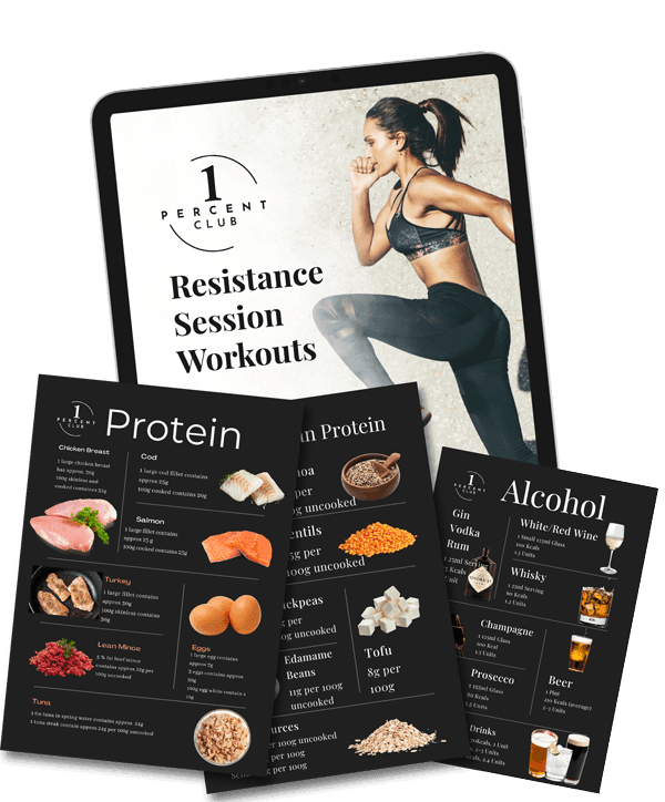 The 14-Day Health Reset guide on a tablet, next to printed reference sheets for protein and alcohol units