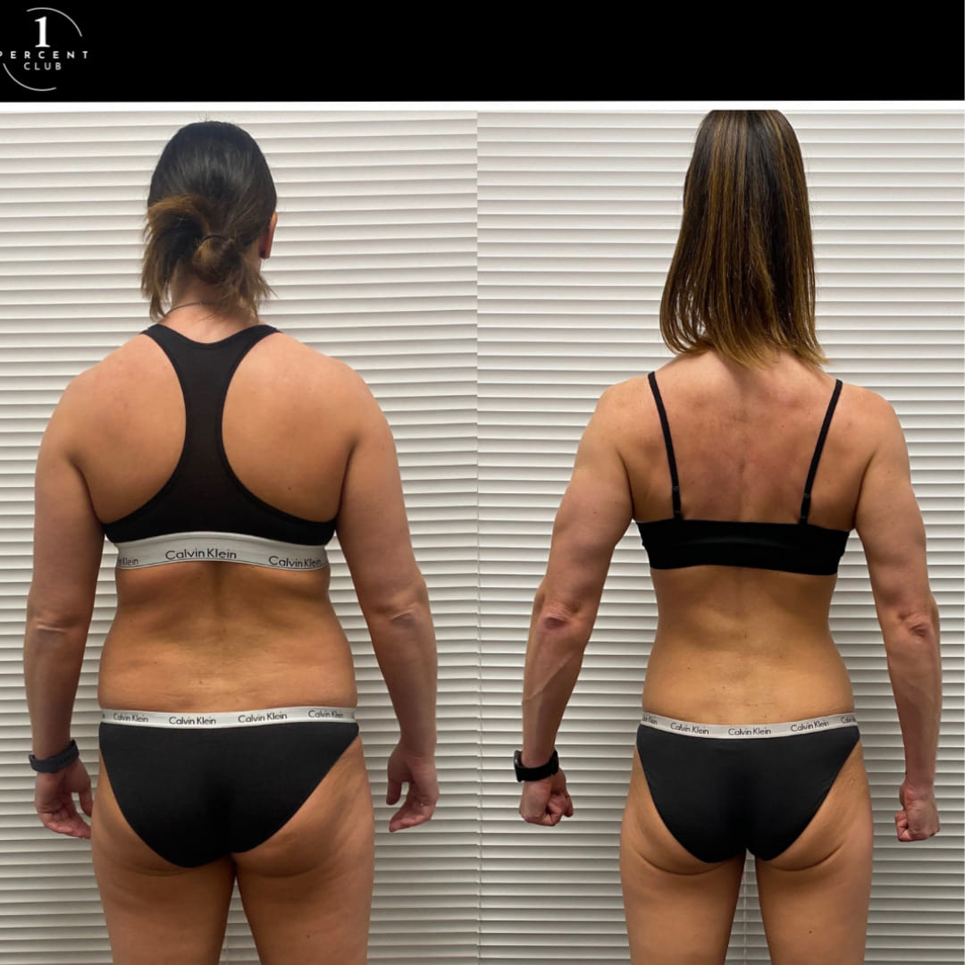 Viki Ellis photographed from behind before and after fifteen months of training, having lost 17kg